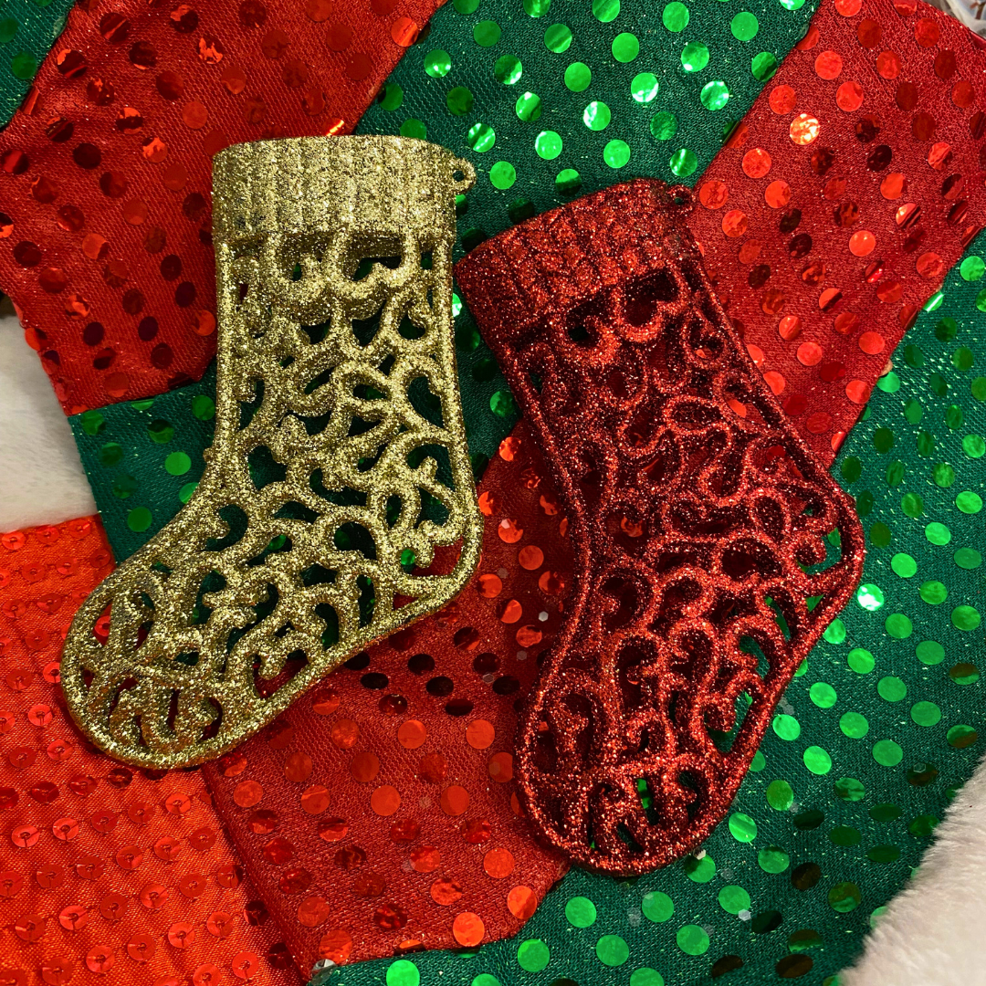 Christmas Tree Ornaments - Santa Stocking Hangings Red & Gold - Set of 2 PC