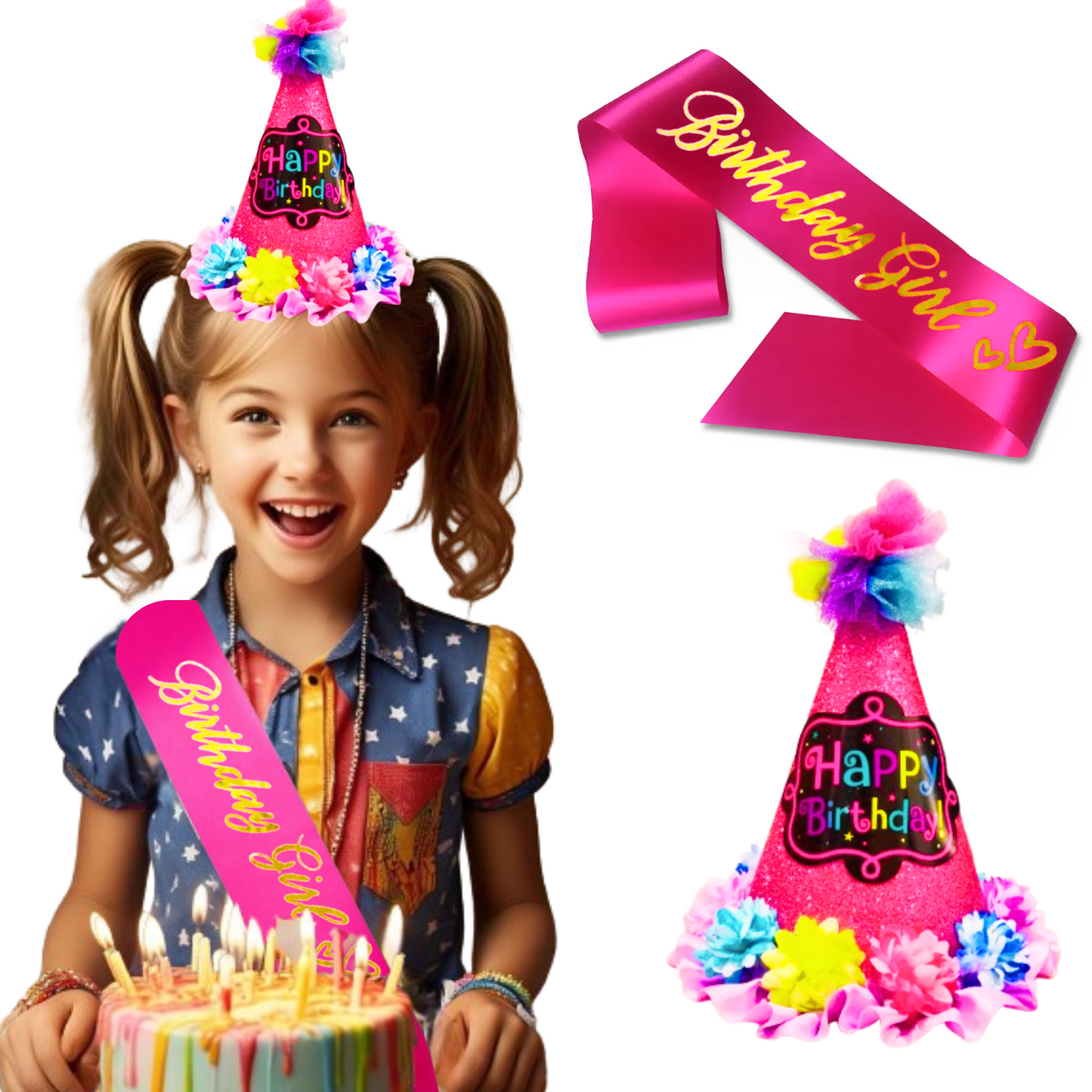 Pink Happy Birthday Floral Conical Hat & Sash Combo for Girls - Set of 2