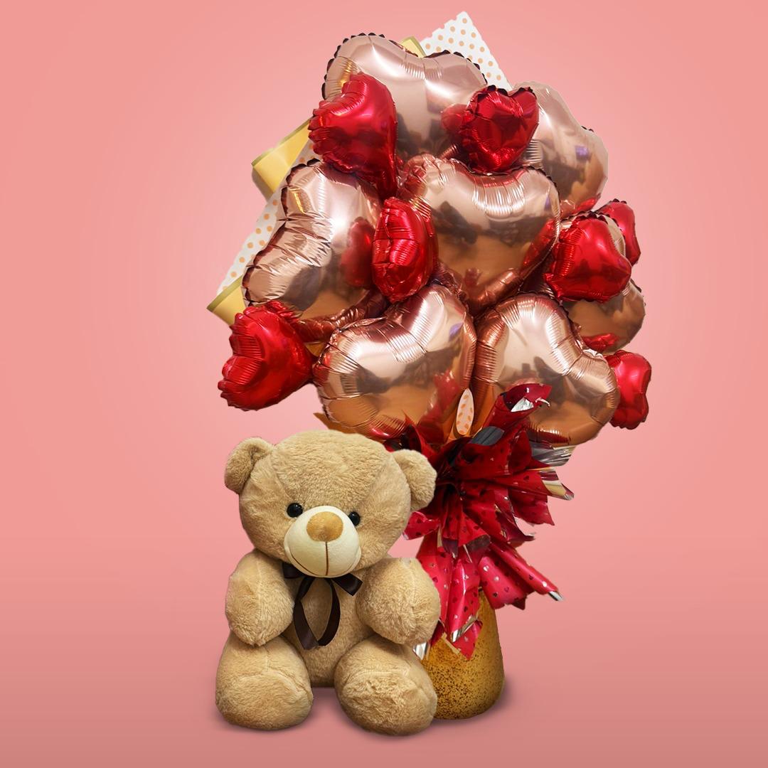 Rose Gold Heart 10" and Red Heart 6" Balloon Bouquet - Set of 14