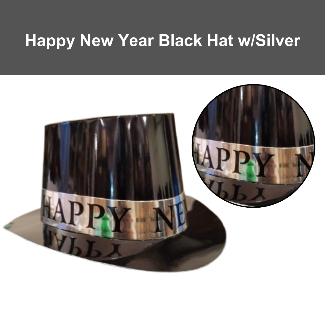Happy New Year Black Hat w/Silver Text Print - Set of 2