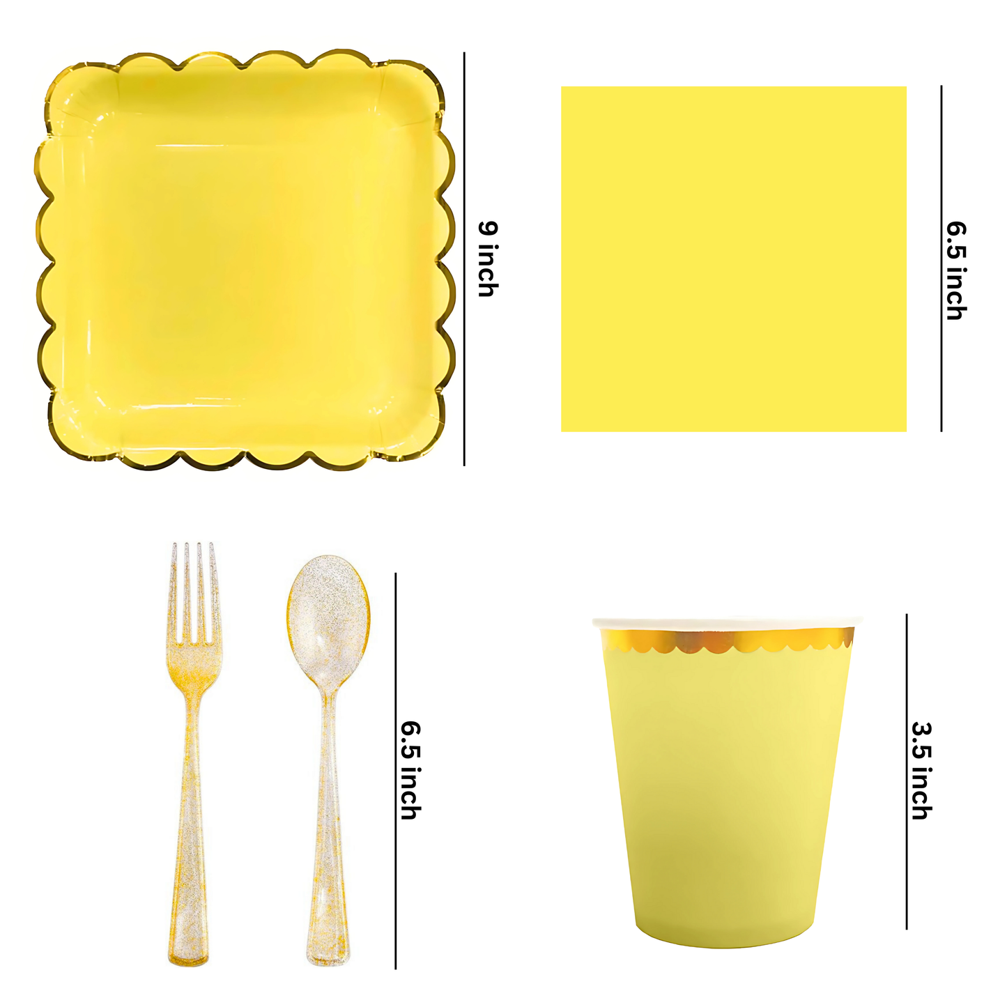 Yellow Party Tableware Combo with Plates, Tissues, Cups, Spoons and Forks - 64PC - Serves Upto 10 Pax