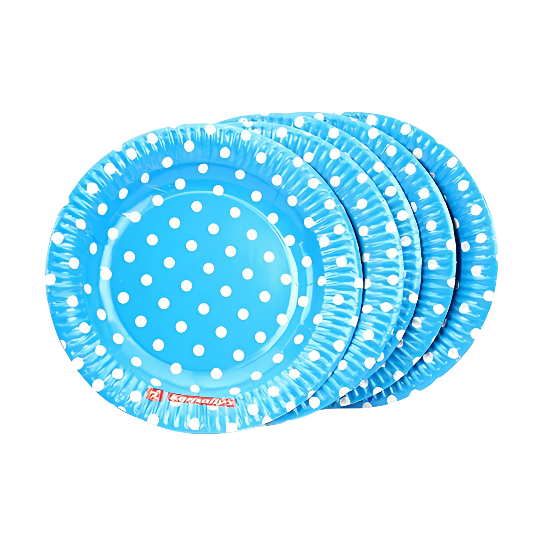 Blue Round Party Paper Plate w/ White Polka Dot - 10PC