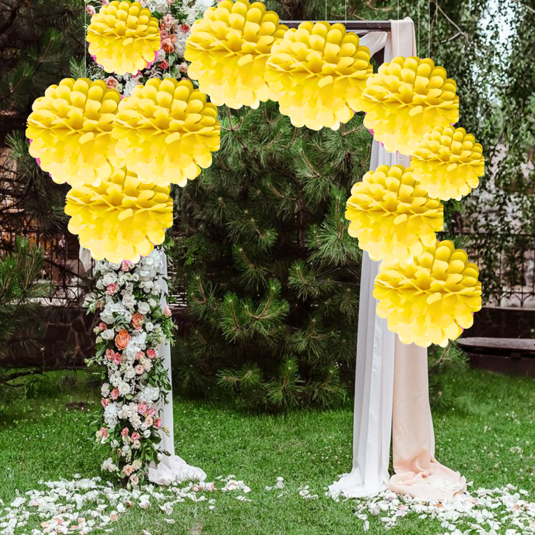 "Yellow Paper Pom Pom Hangings For Wall Decor -10 Inch - 5PC