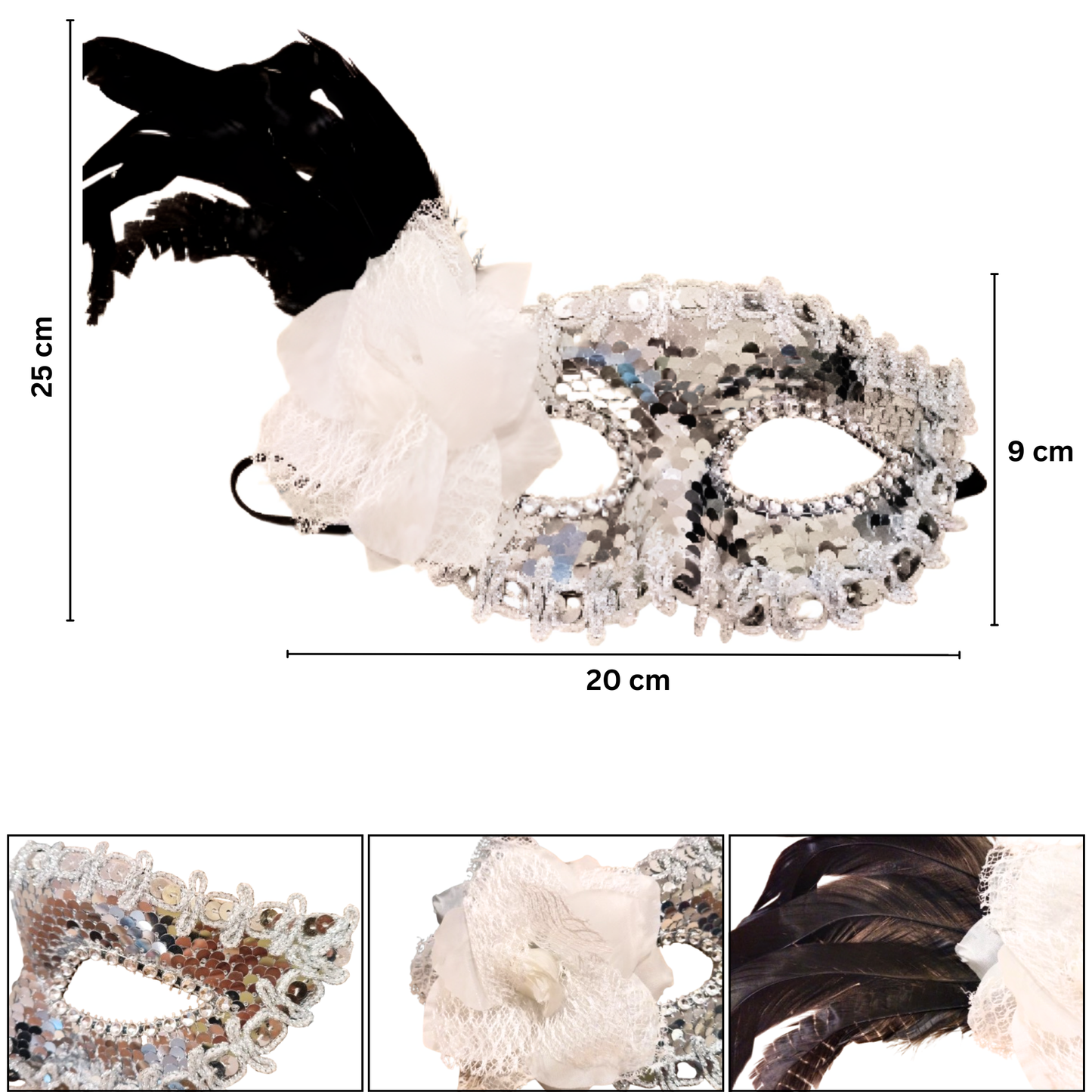 Silver Sequin Eye Mask with White Flower