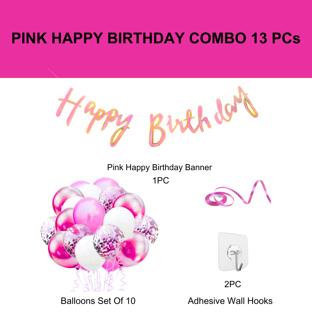 Hot Pink Happy Birthday Cursive Banner w/ White & Pink Confetti Balloons and Wall Hooks Birthday Combo - Set of 13PC