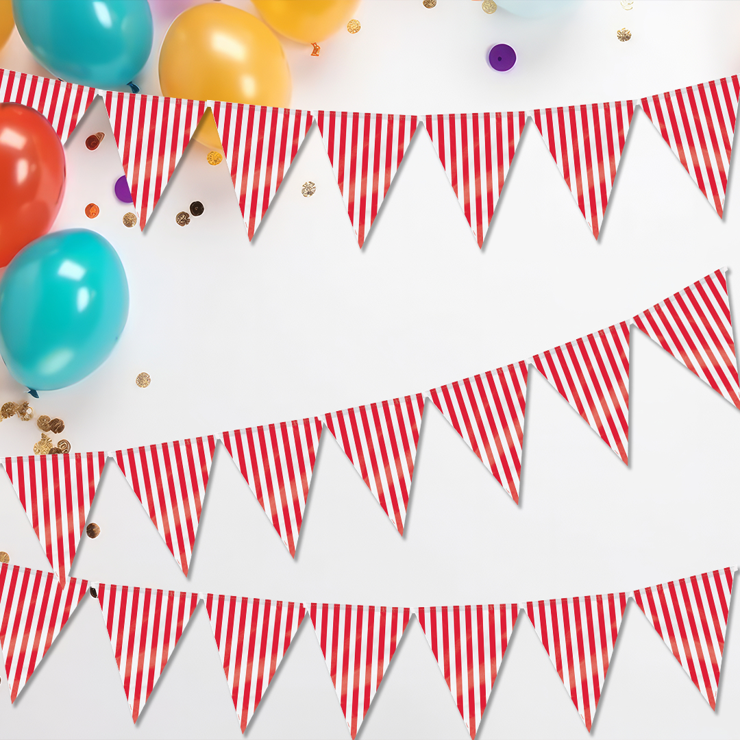 Red & White Striped Flag Triangle Buntings - 9FT - 1PC