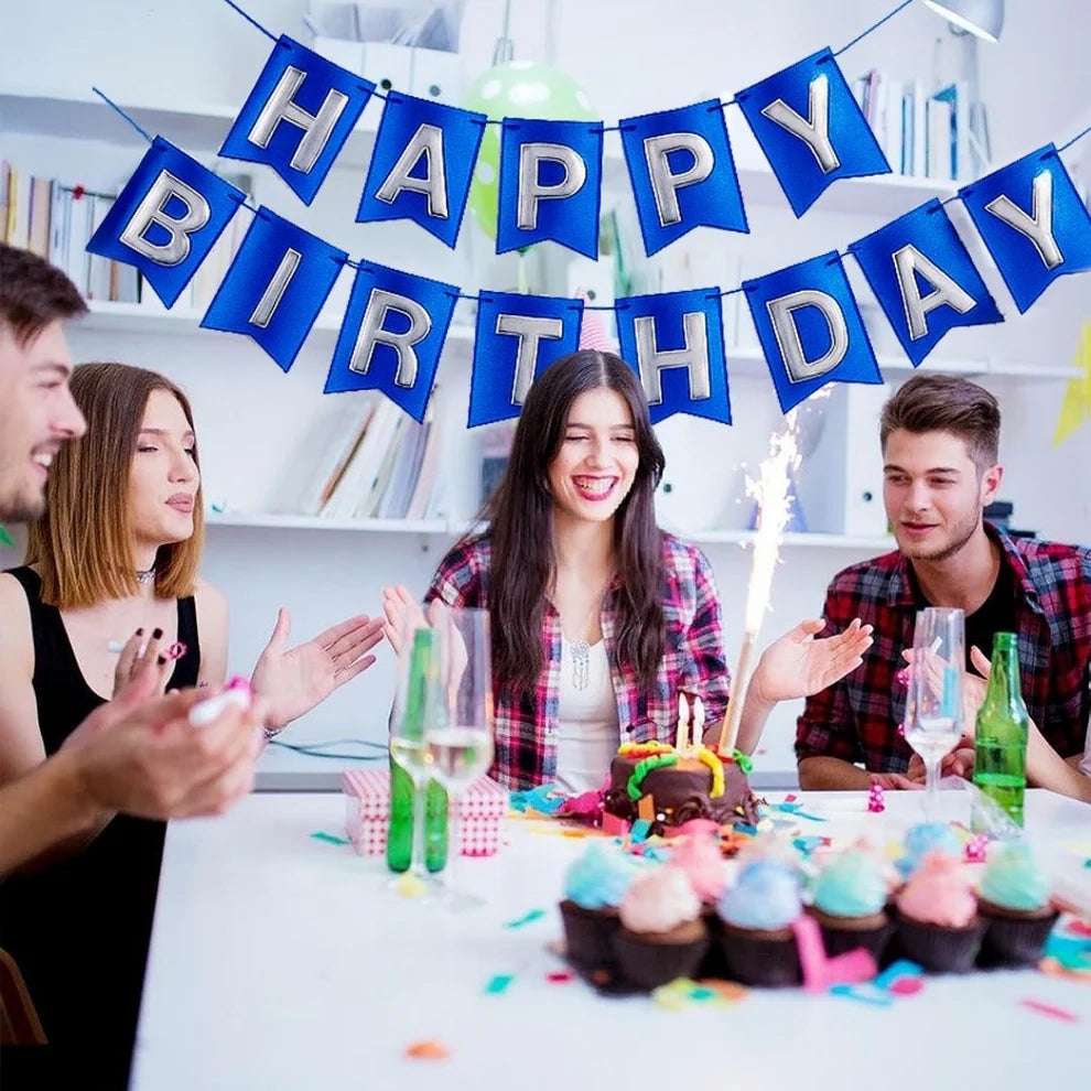 Metallic Blue Happy Birthday Banner - 1PC