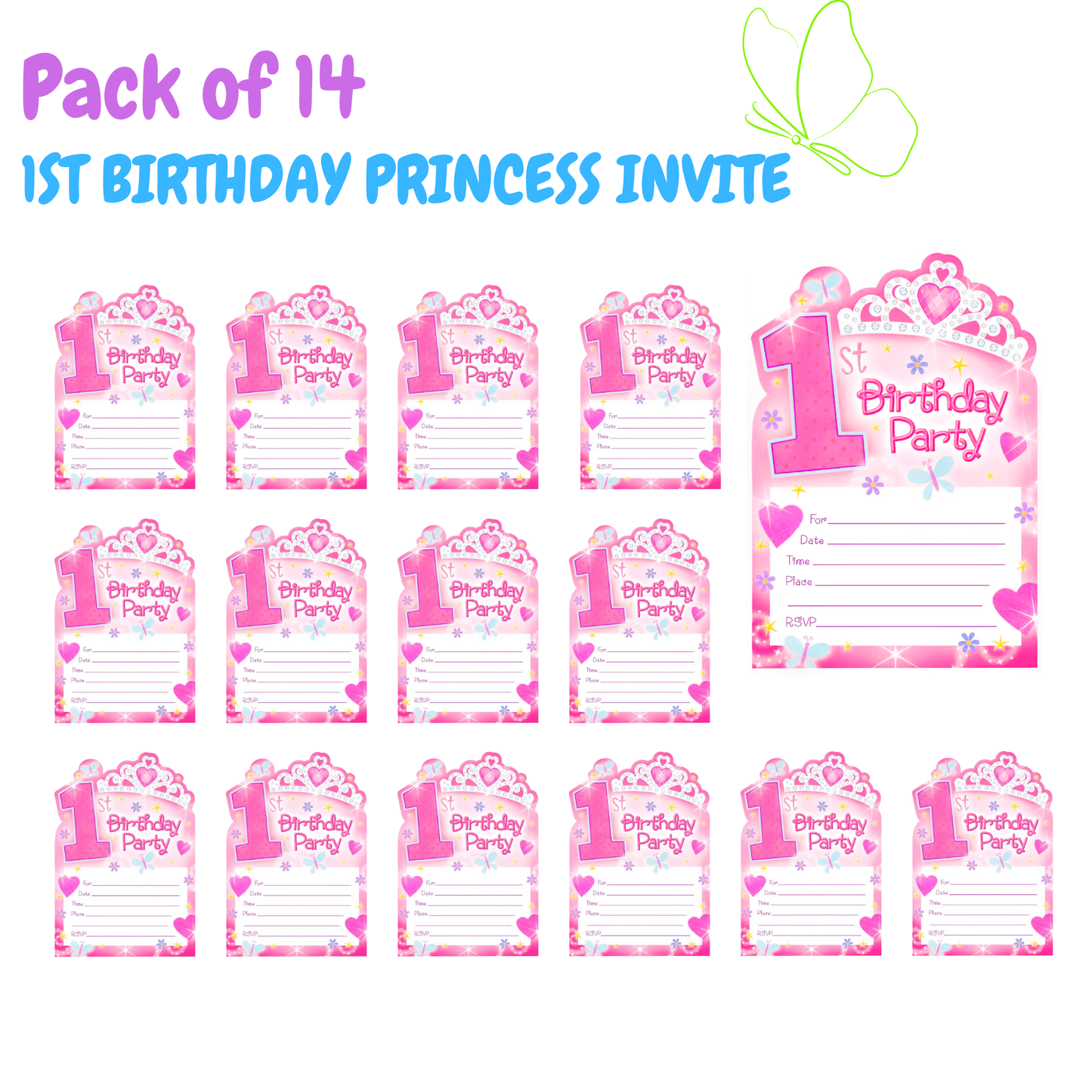 Happy 1st Birthday Princess Pink Invites - 14PC