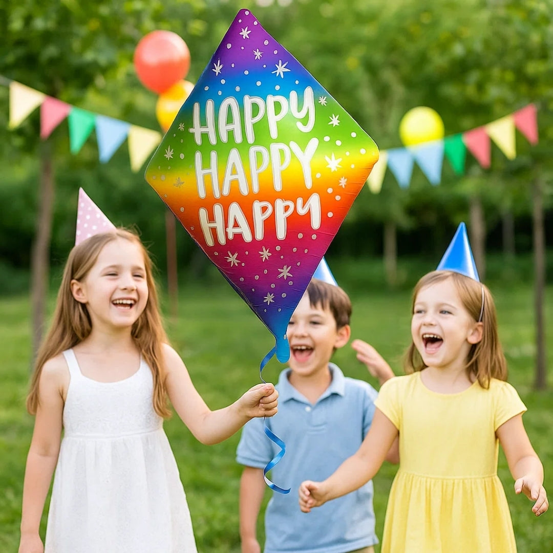Happy Happy Happy Diamond Shape Foil Ballon - Air Filled or Helium Quality - 25 inches -1PC