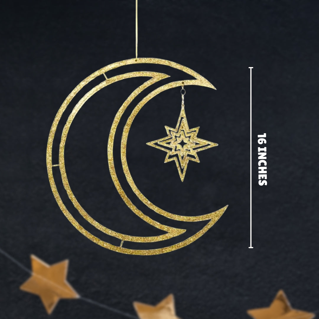 3D Moon & Star Hanging Decoration Golden- 1PC