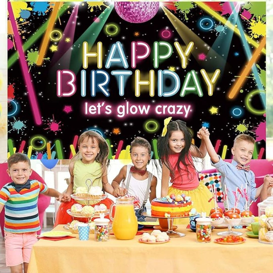 Neon Happy Birthday Banner with Glow in the Dark Balloon Arch Decoration Kit - 80PC