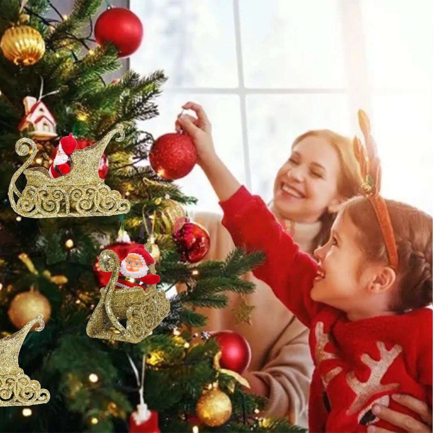 Small Santa on Golden Shimmery Sledge for Christmas Tree Decor - 1PC