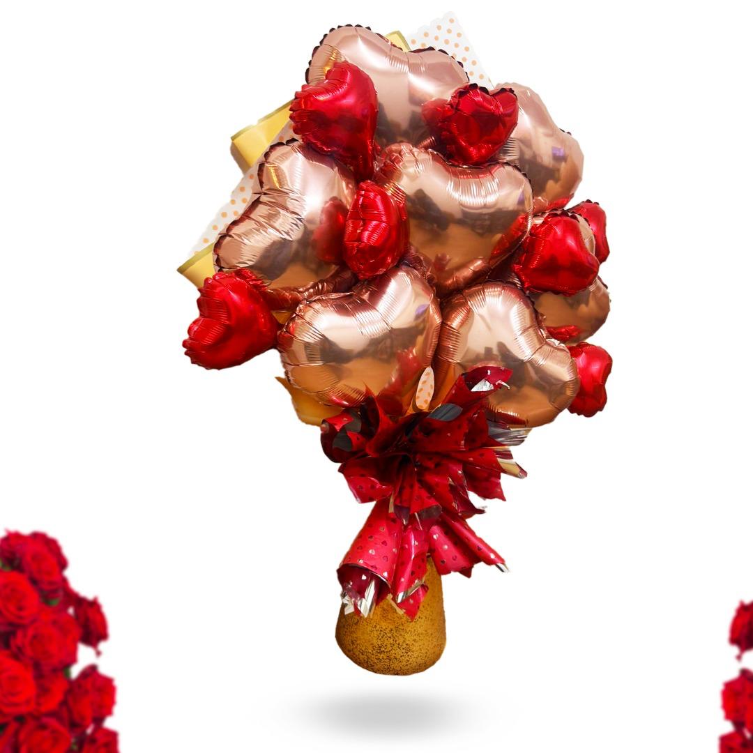 Rose Gold Heart 10" and Red Heart 6" Balloon Bouquet - Set of 14