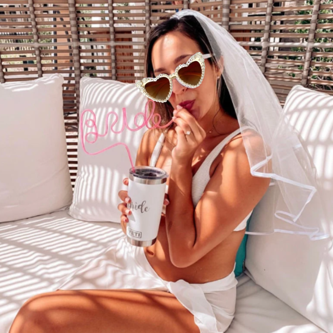 Bride Sunglasses for Bachelorette & Pink Bride Straw Combo