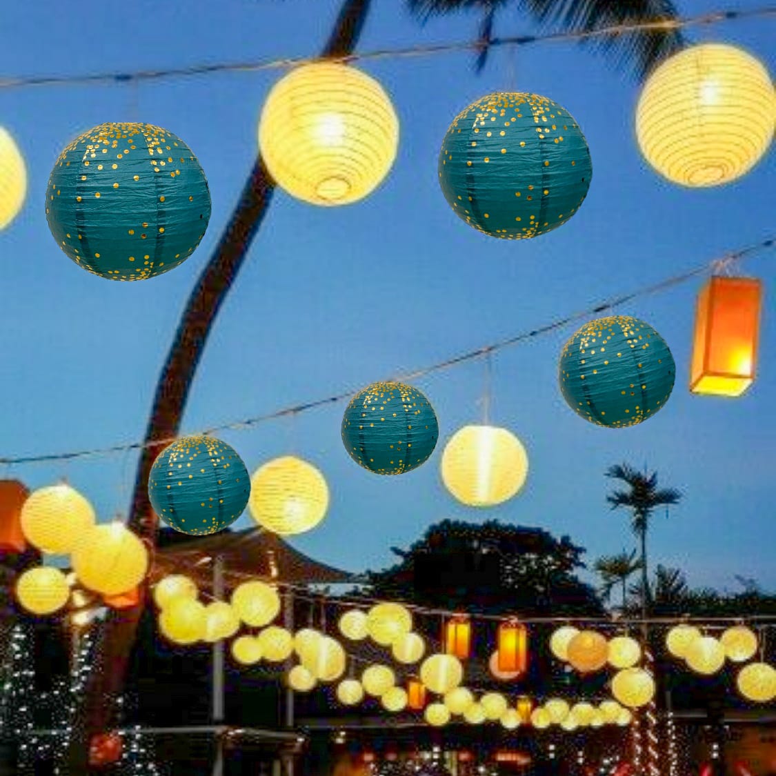 Aqua Blue & Golden Polka Dots Lantern 12"