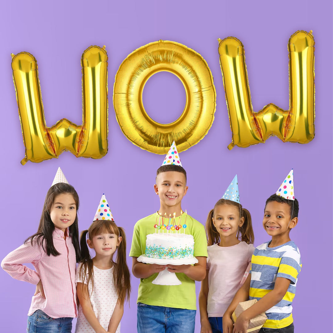 WOW Golden Foil Balloon Set - Helium or Air Filled - 40 inches - 3PC