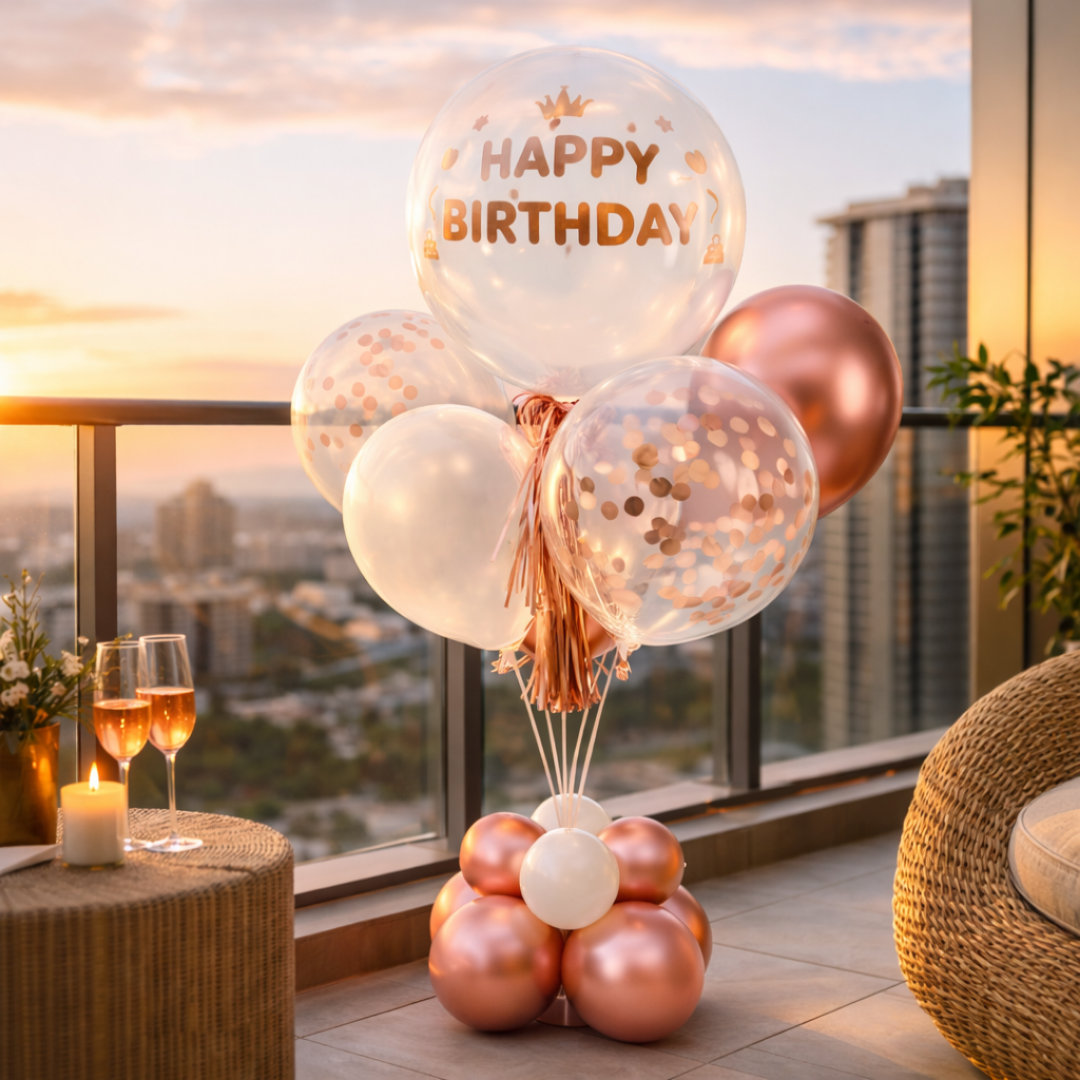 Luxurious Rose Gold BOBO Balloon with Rose Gold Confetti and Tassel | Air Filled Balloon Bouquet Arrangement on a Balloon Stand
