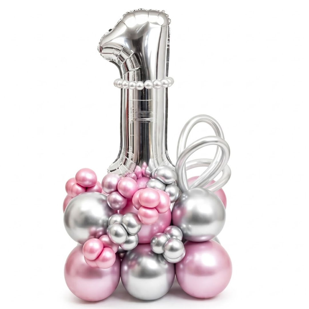 1st Birthday Customization Balloon Bouquet Silver & Pink | Air Filled and Delivers Inflated