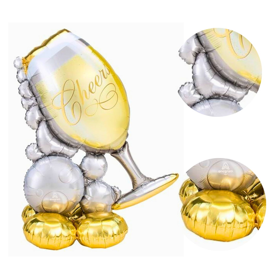 Bubbly Champagne Glass Foil Ballon w/ Silver, Black & Golden Balloon Set - Helium Quality - 55 inches - 1PC