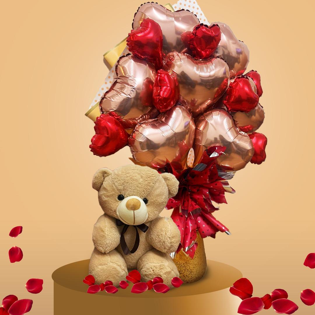 Rose Gold Heart 10" and Red Heart 6" Balloon Bouquet - Set of 14
