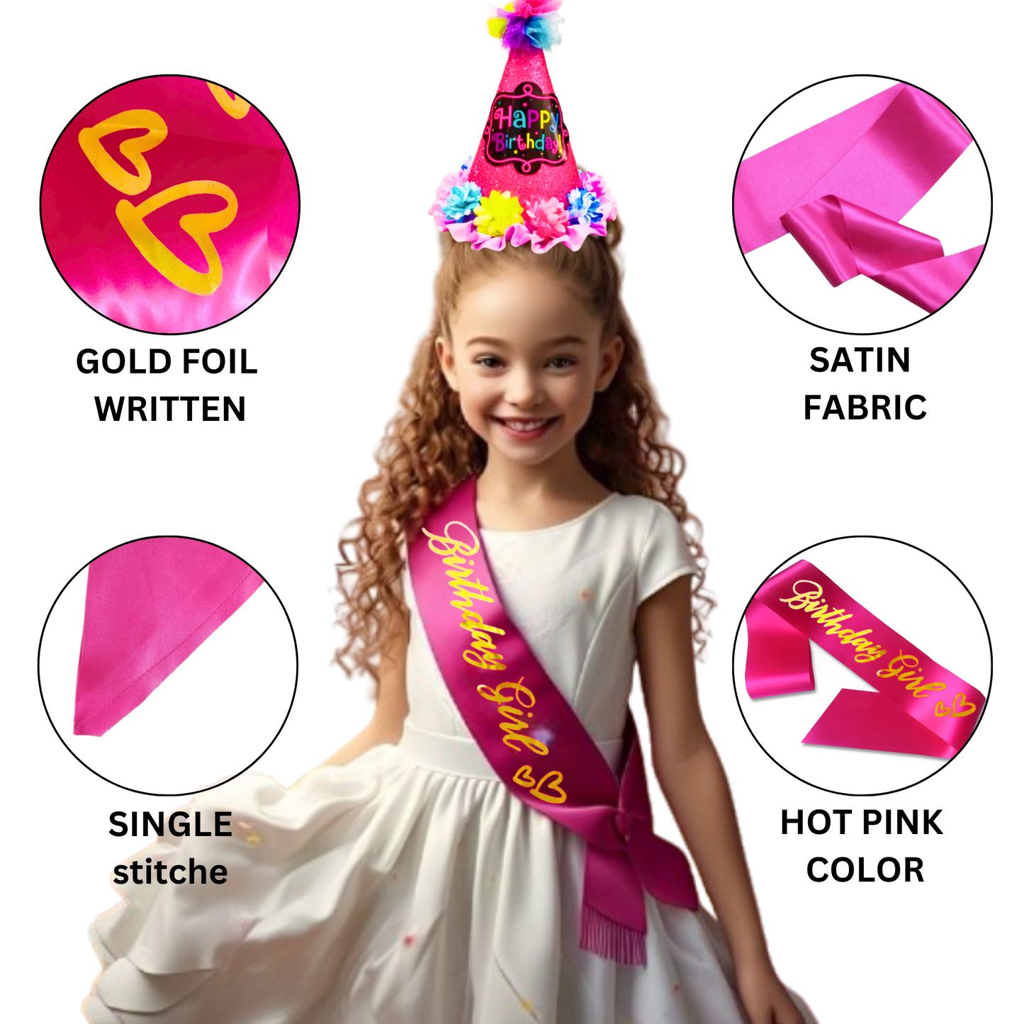 Pink Happy Birthday Floral Conical Hat & Sash Combo for Girls - Set of 2