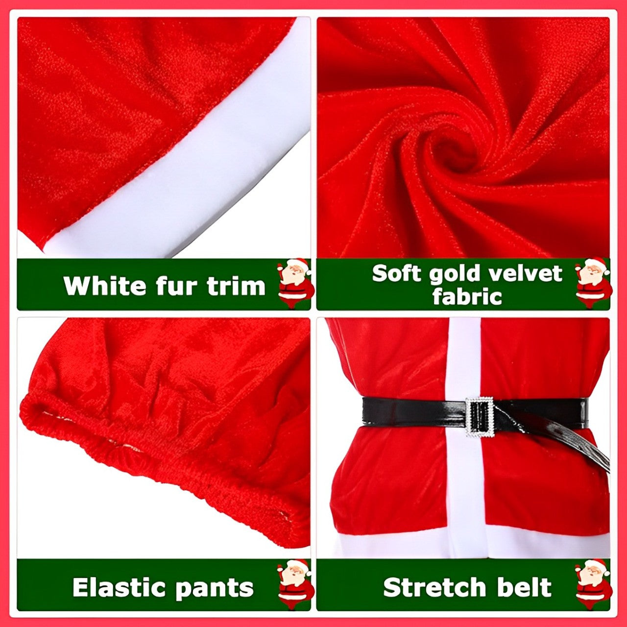 Santa Costume w/ Beard, Belt & Pouch for Christmas/ Theme Party for Adults