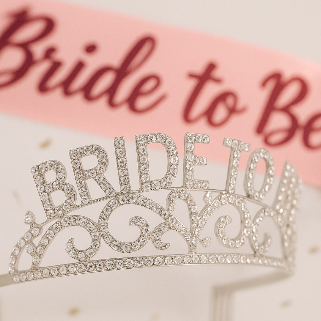 Bride to Be Crown Tiara and Bride to Be Sash Crystal Rhinestone Tiara Headband