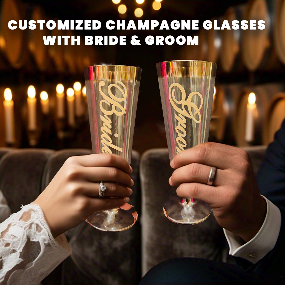 Customized Champagne Glasses Glossy Golden Color wi/ Bride & Groom Print - 2PC