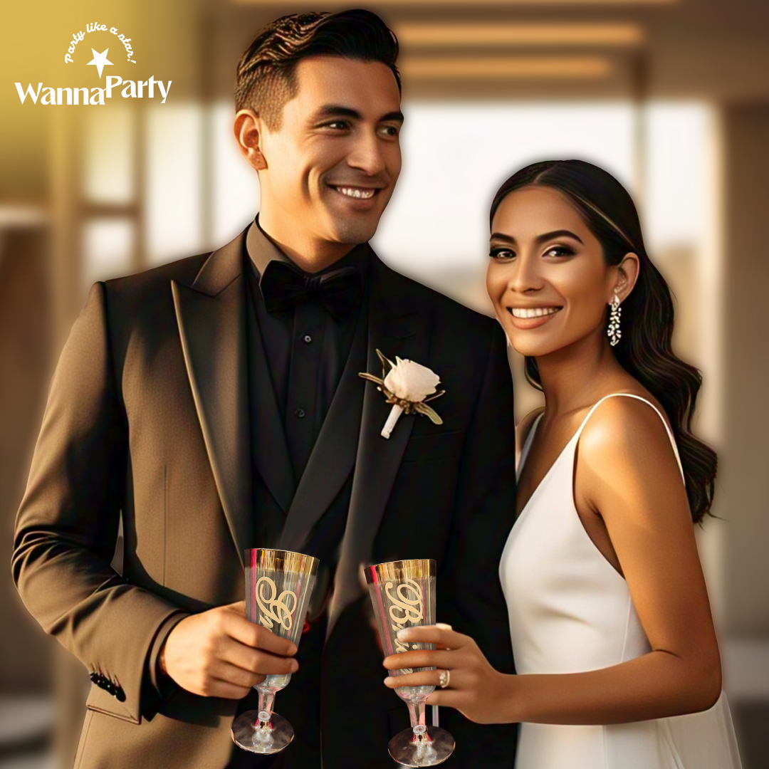 Customized Champagne Glasses Glossy Golden Color wi/ Bride & Groom Print - 2PC