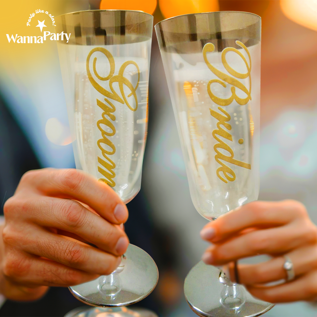 Customized Champagne Glasses Glossy Golden Color wi/ Bride & Groom Print - 2PC