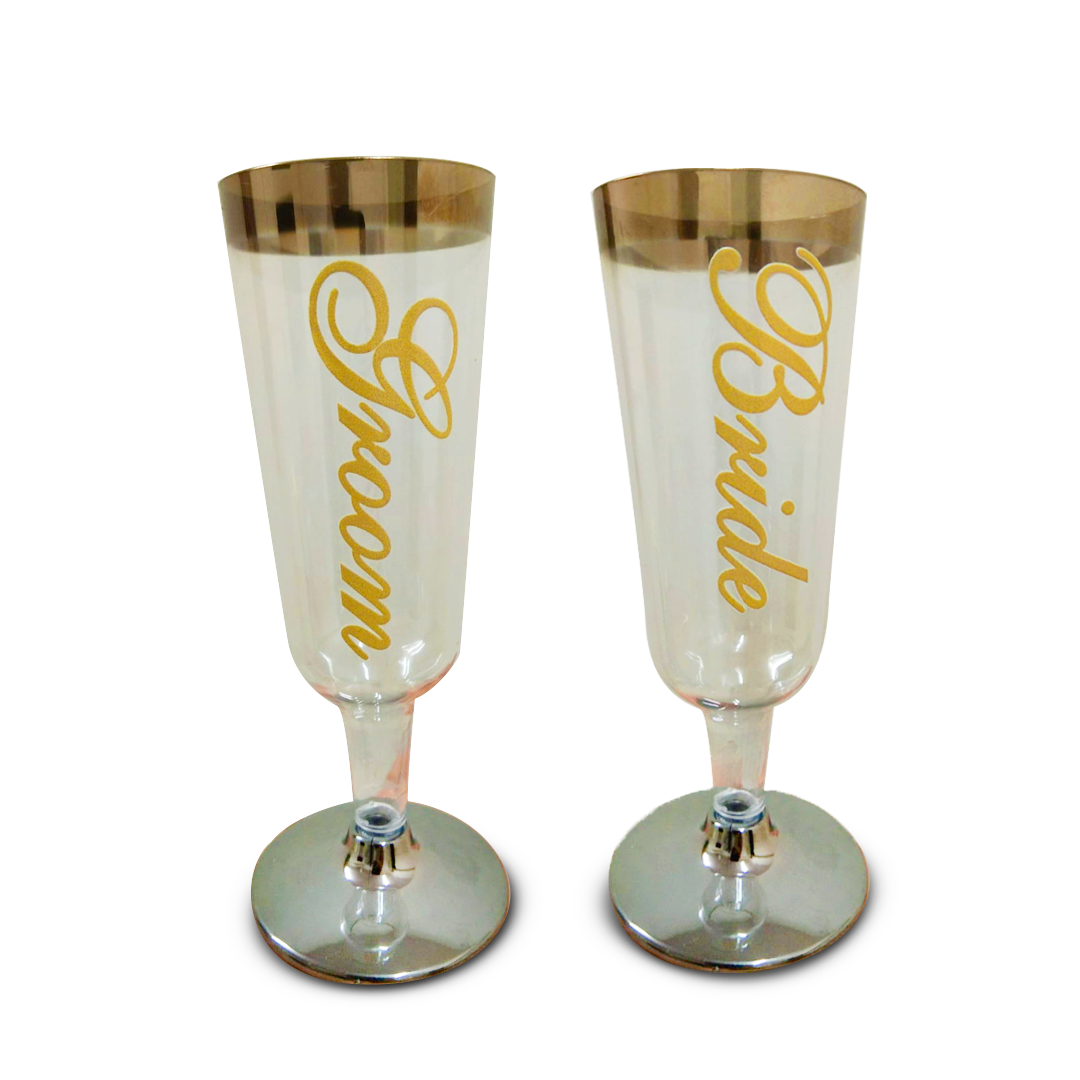 Customized Champagne Glasses Glossy Golden Color wi/ Bride & Groom Print - 2PC