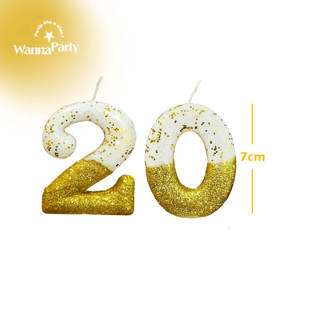 No. 20th Birthday Candle Gold & White w/ Glitter Dust - 1PC