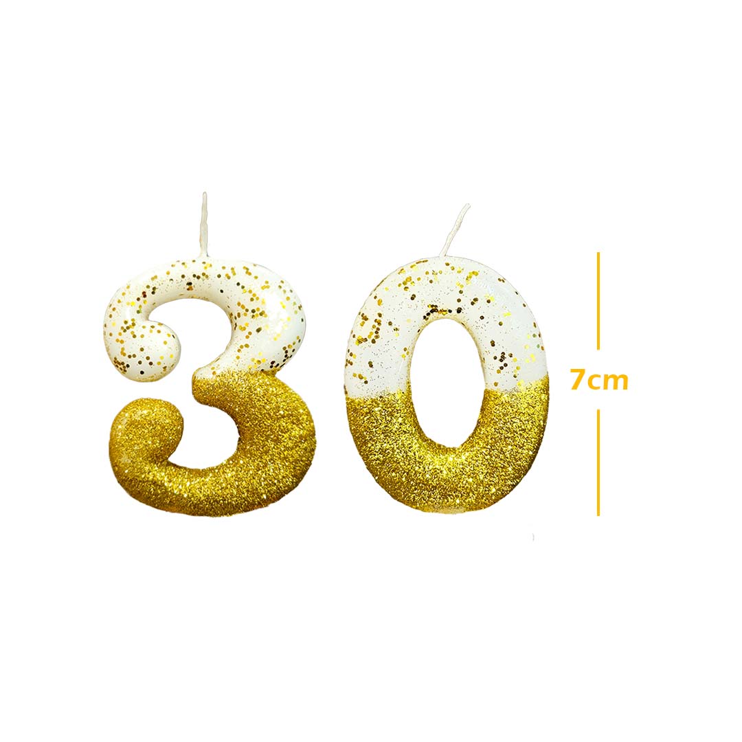 30th Birthday Candle - Semi Glitter Gold and White
