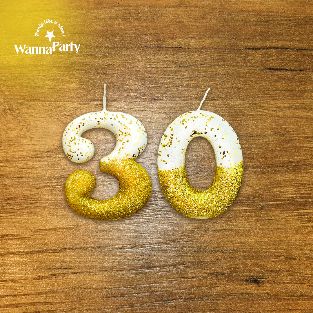 30th Birthday Candle - Semi Glitter Gold and White