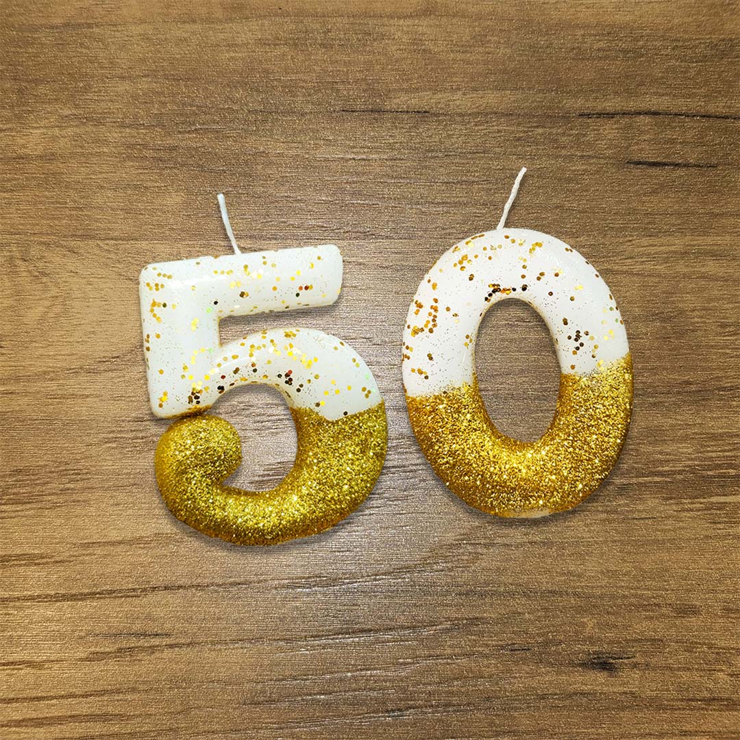 No. 50th Birthday Candle Gold & White w/ Glitter Dust - 1PC
