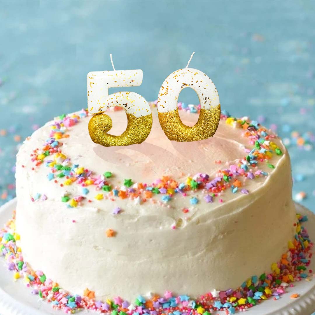 No. 50th Birthday Candle Gold & White w/ Glitter Dust - 1PC