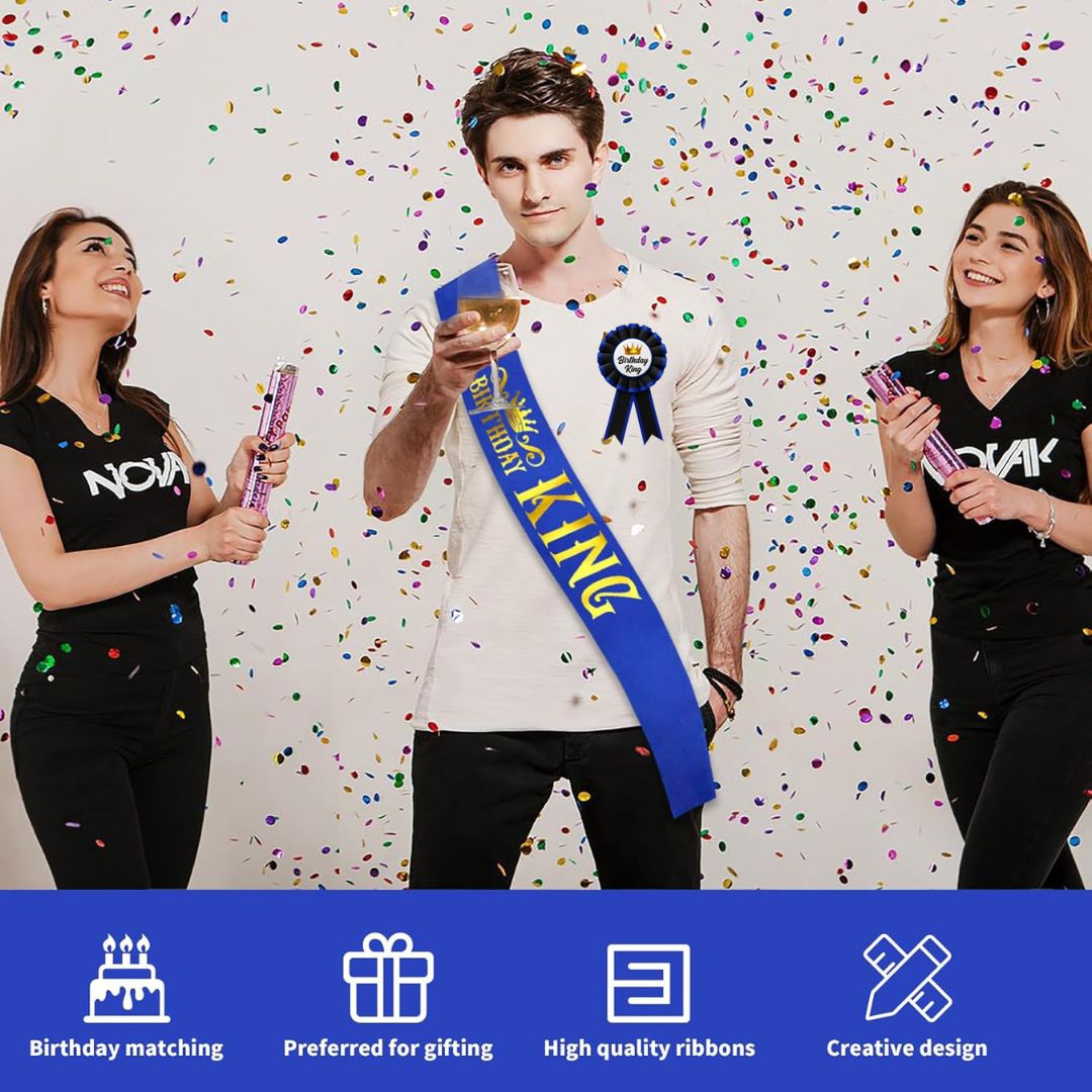 Birthday King Sash & Birhday Crown and Birthday Boy Badge Award Ribbon Button Pin Combo Kit - Set of 3