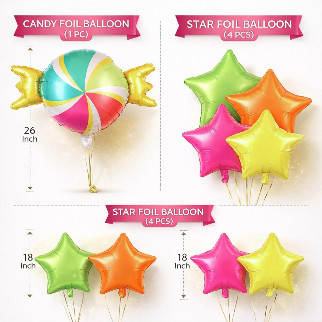 Candy Theme Helium Balloon Set of 5 (1 Candy Shape + 4 Neon Star Balloons 18 Inch) | Helium Filled & Delivered Inflated| Kids Birthday Decoration