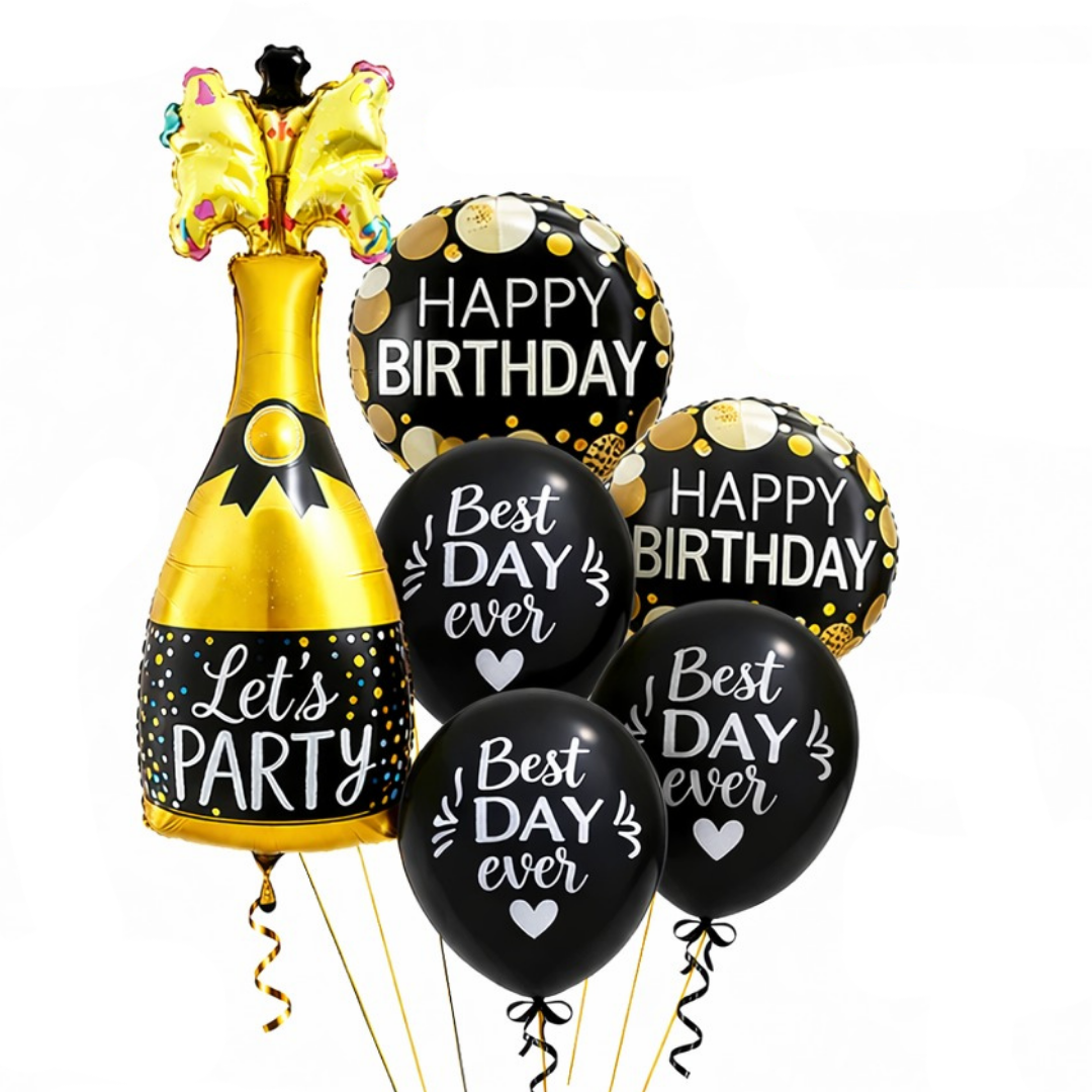 Starry Wine Bottle Helium Balloon Set of 6 (Wine Bottle + 2 Happy Birthday Round Foil + 3 Best Day Ever Black & White Balloons) | Pre-Inflated & Delivered | Birthday Decoration