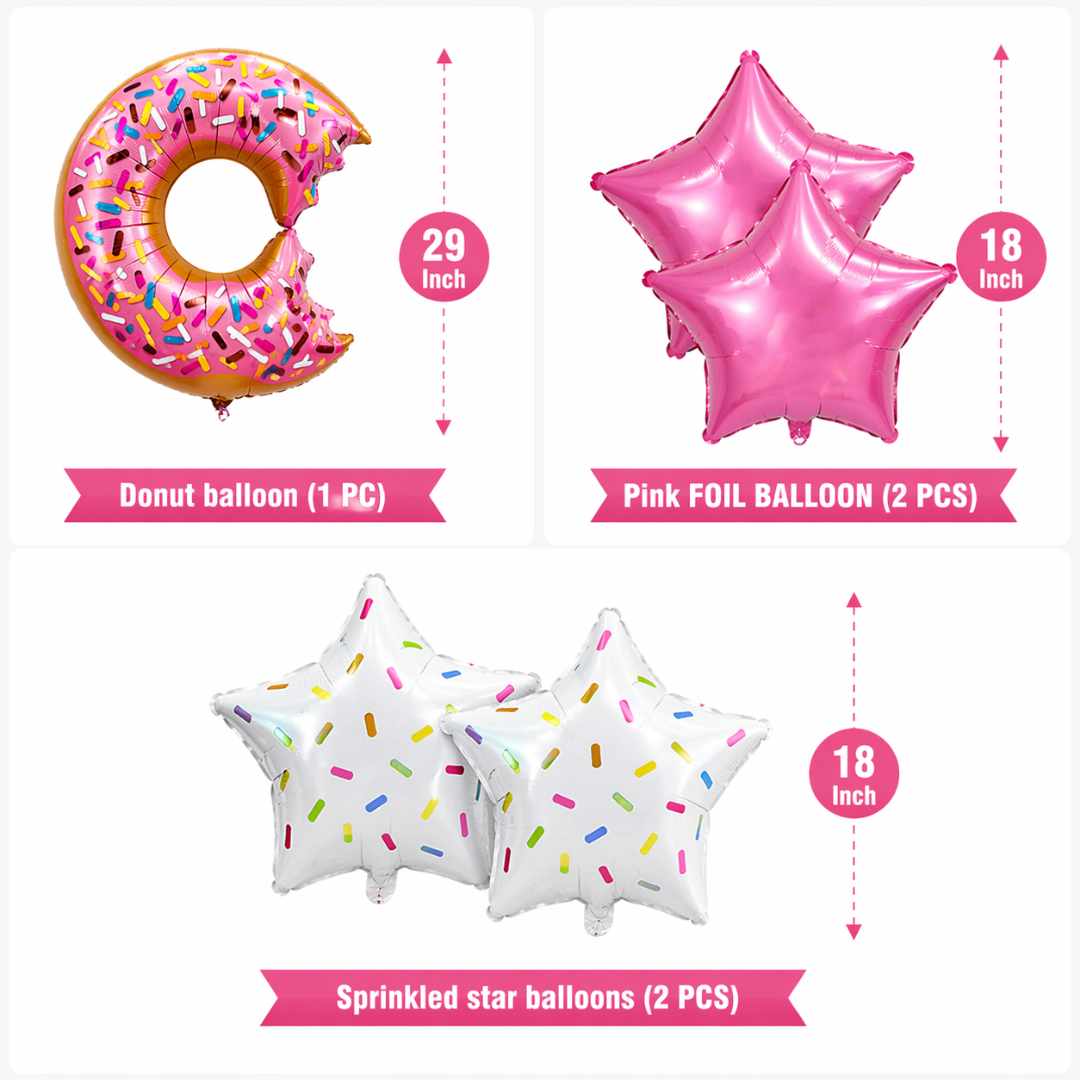 Donut Theme Helium Balloon Set of 5 (Donut Balloon + 2 Sprinkled Star + 2 Pink Star Balloons) | Pre-Inflated & Delivered | Kids Birthday Decoration