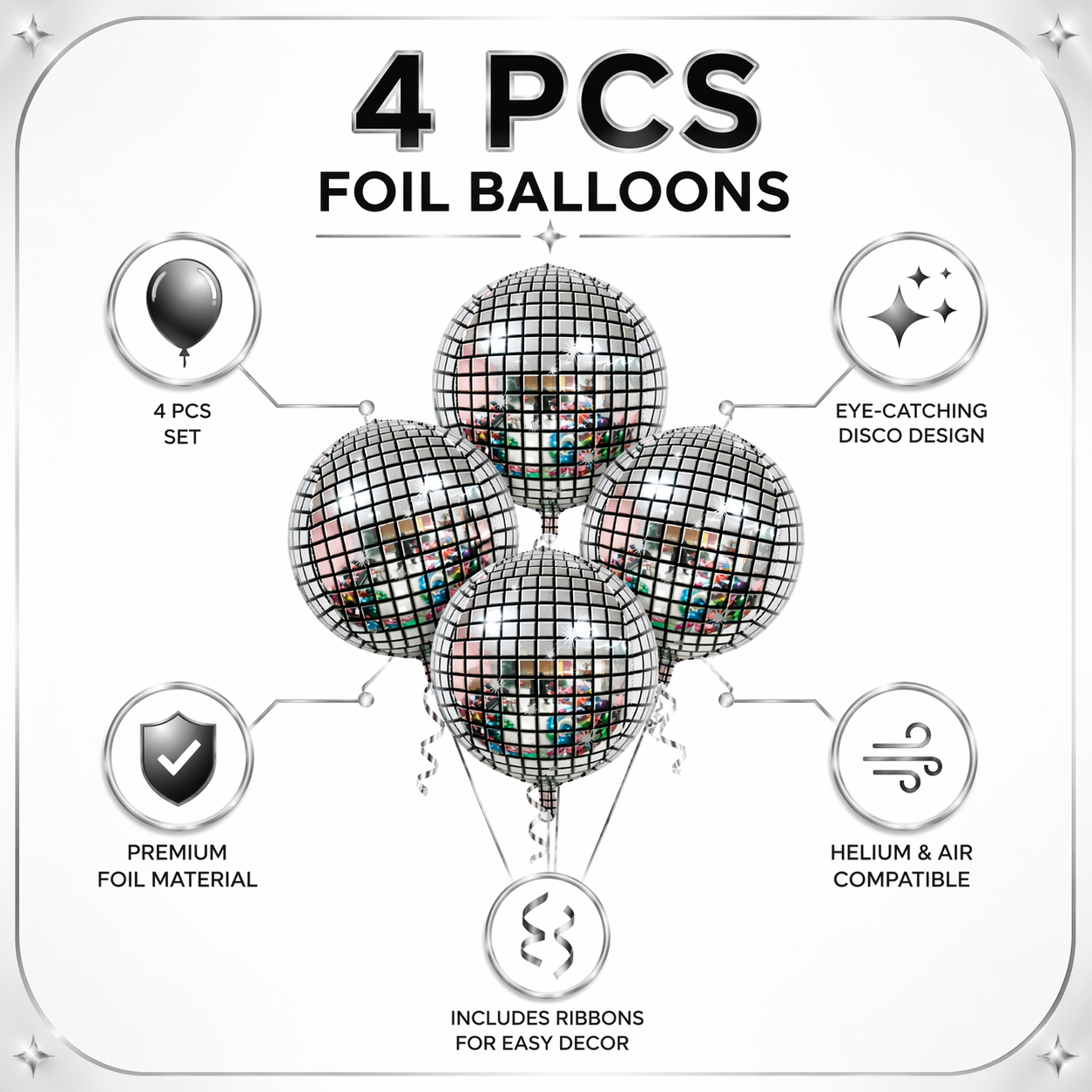 Silver Disco Ball Foil Balloons Set of 4 | Helium Filled & Delivers Inflated | Party Decoration for Birthday, Anniversary & New Year