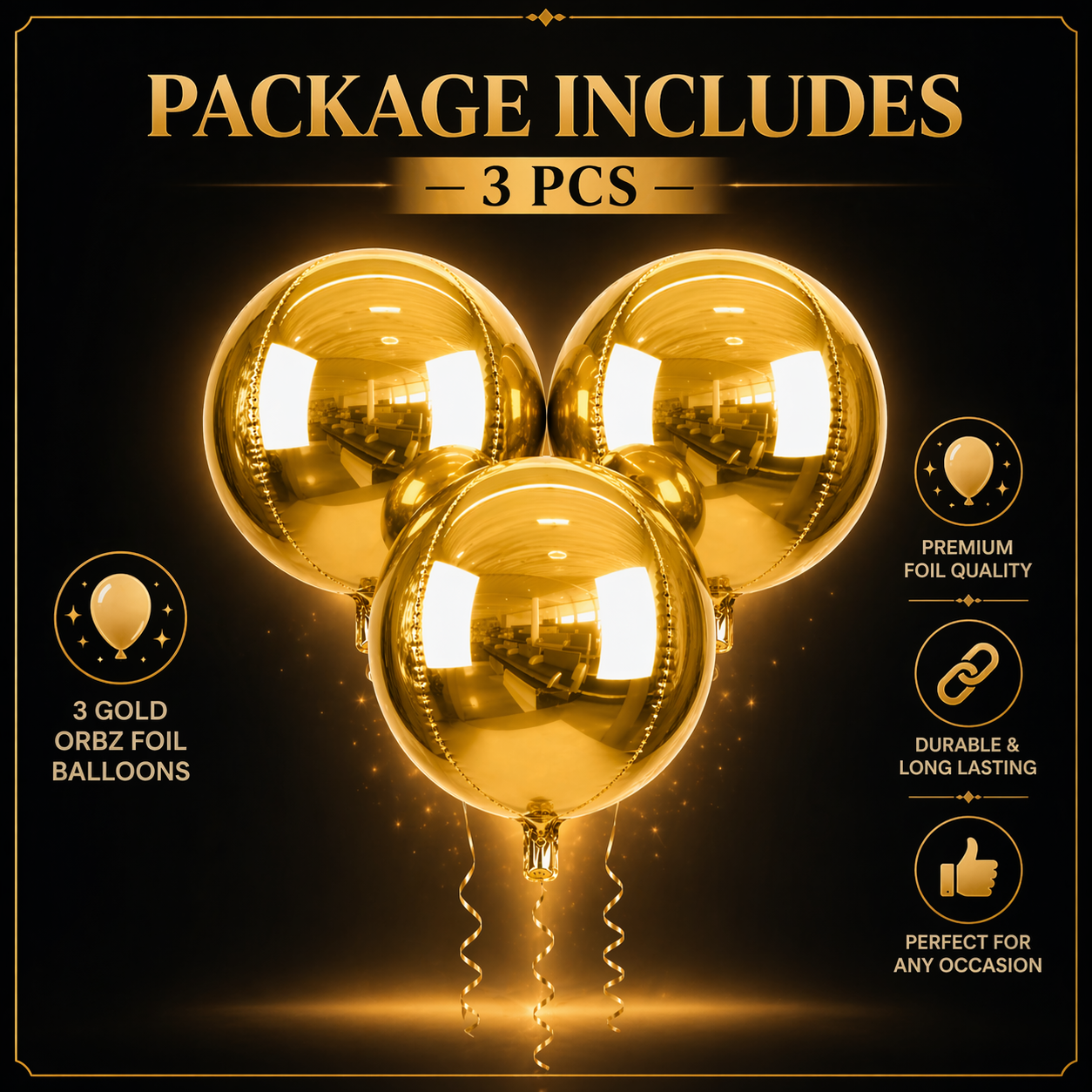 4D Gold Round Orbz Foil Balloons 22 Inch (Pack of 3) | Helium Filled & Delivered Inflated | Giant Balloons for Birthday, Anniversary & Party Decoration