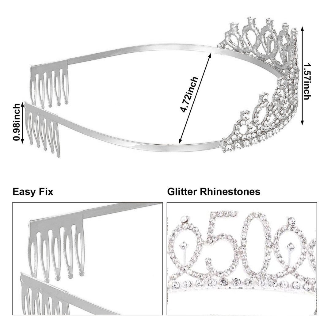 Happy 50th Birthday Silver Crown with Rhinestone - 1PC