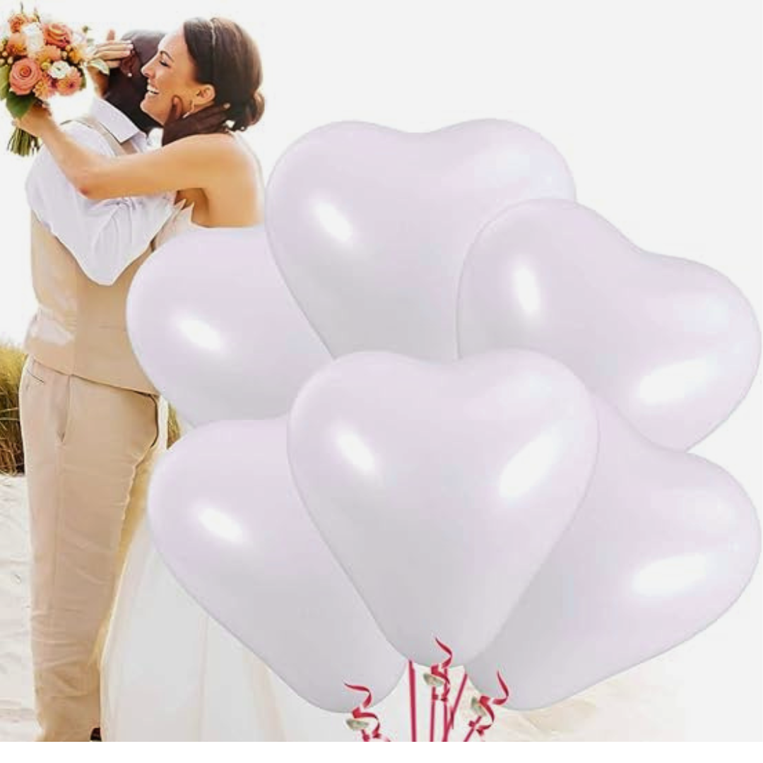 Heart Shape White Latex/ Rubber Balloon - Helium Quality - 15 inches - 6PC