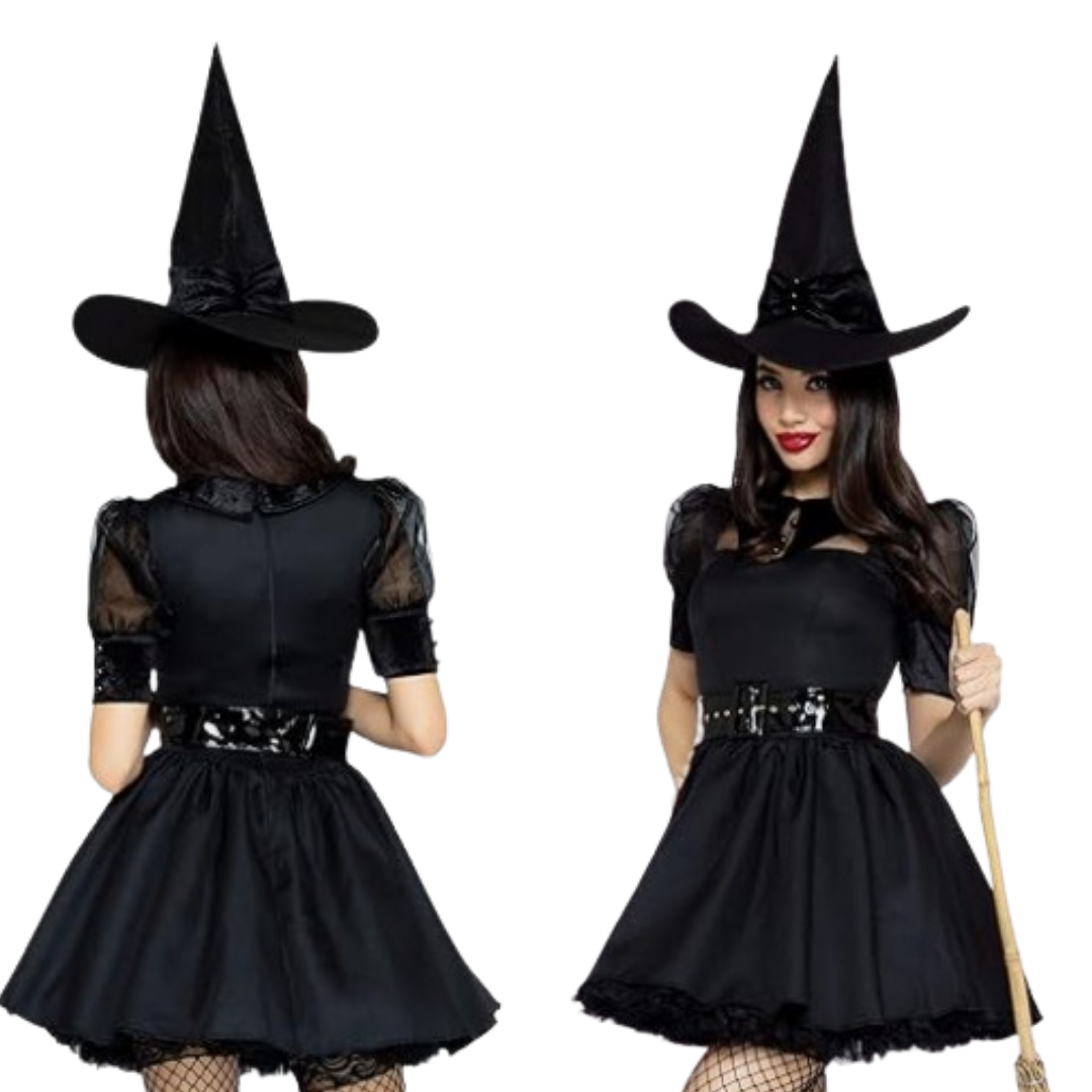 Sexy Witch Black Dress for Adults w/ Witch Hat, Belt & Gloves