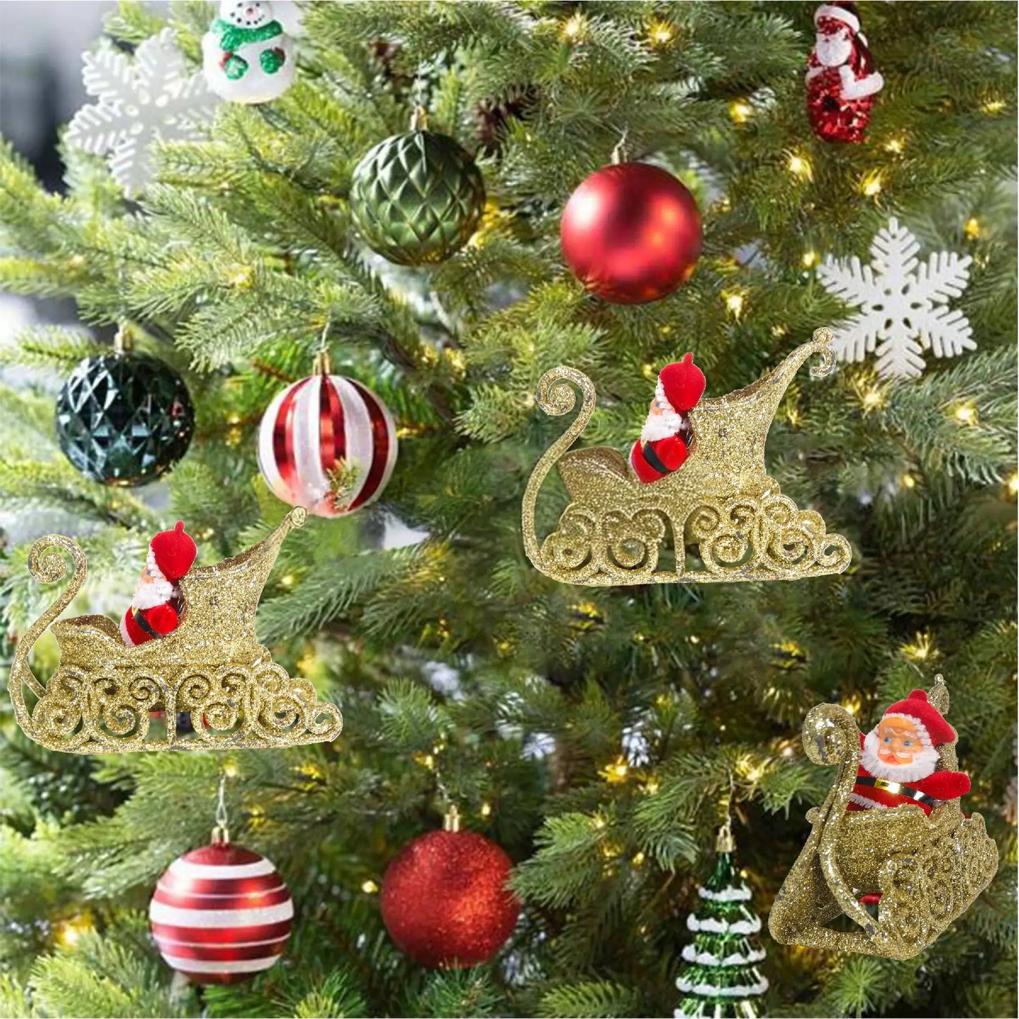 Small Santa on Golden Shimmery Sledge for Christmas Tree Decor - 1PC