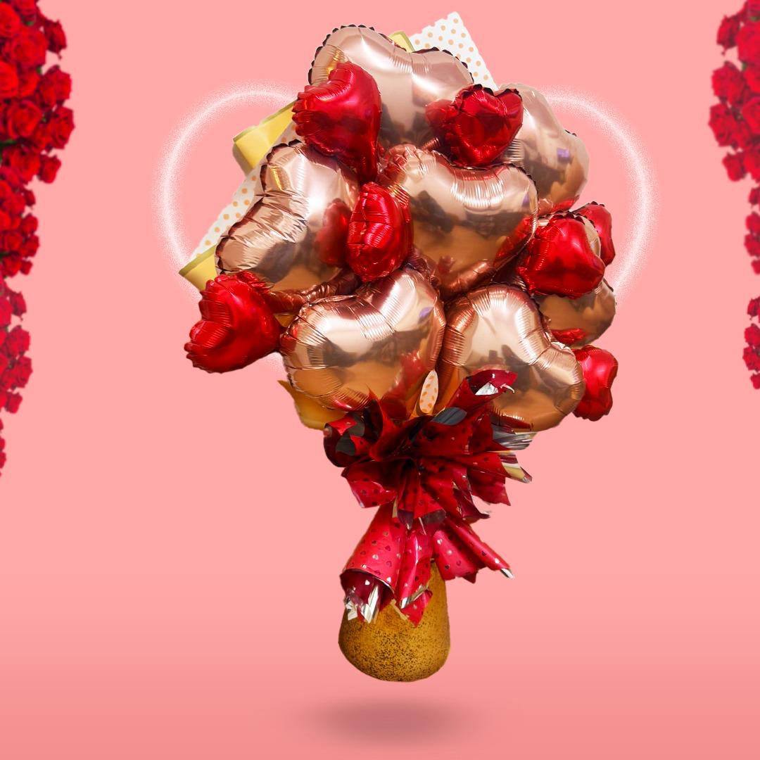 Rose Gold Heart 10" and Red Heart 6" Balloon Bouquet - Set of 14