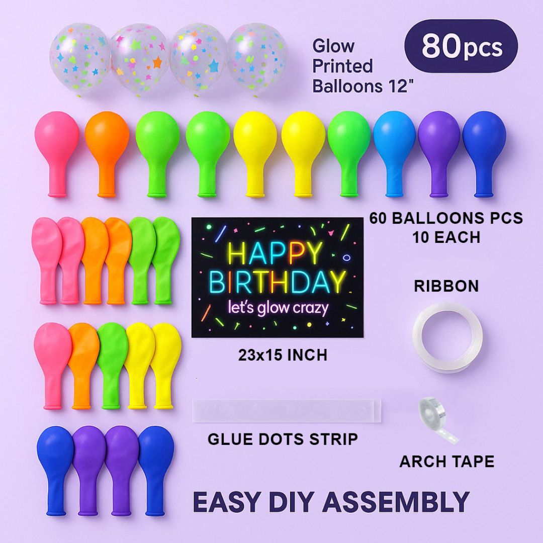 Neon Happy Birthday Banner with Glow in the Dark Balloon Arch Decoration Kit - 80PC
