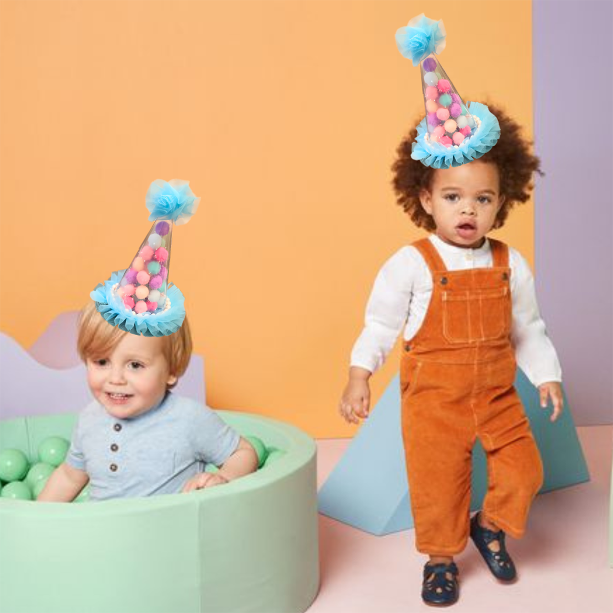 Blue Transparent Party Paper Hat w/ Multicolor Pom Pom - 1PC