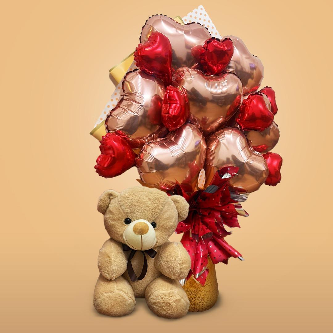 Rose Gold Heart 10" and Red Heart 6" Balloon Bouquet - Set of 14